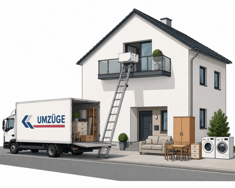 Ein Möbeltransporter parkt vor einem Haus. Möbel stehen auf dem Bürgersteig. Ein Umzugslift führt an einen Balkon im Obergeschoss.