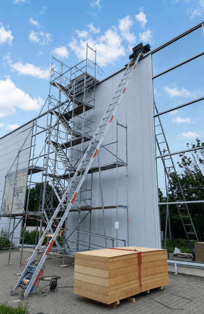 Ein Baulift vor einer hohen Industriehalle